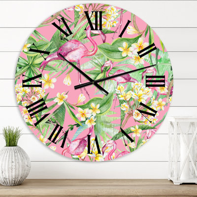 Tropical Foliage, Yellow Flowers With Flamingo III - Modern wall clock
