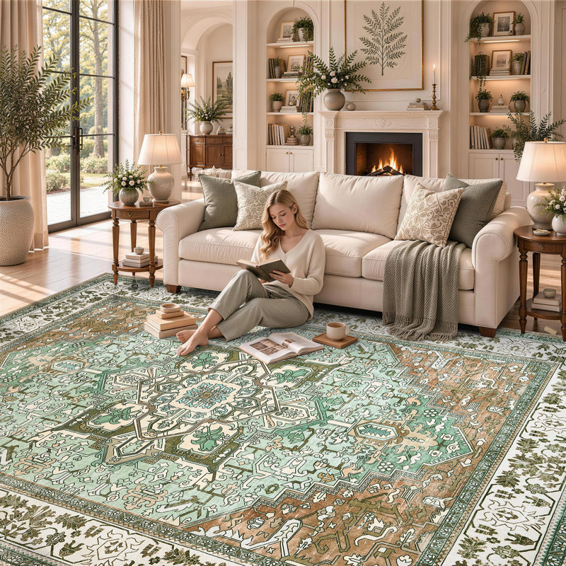 Tapis lavable rétro à motif médaillon d'inspiration persane, Rectangulaire 8 pi x 10 pi