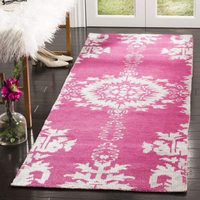 Stone Wash Hand Knotted Wool/Viscose/Cotton Ikat Rug in Pink/White