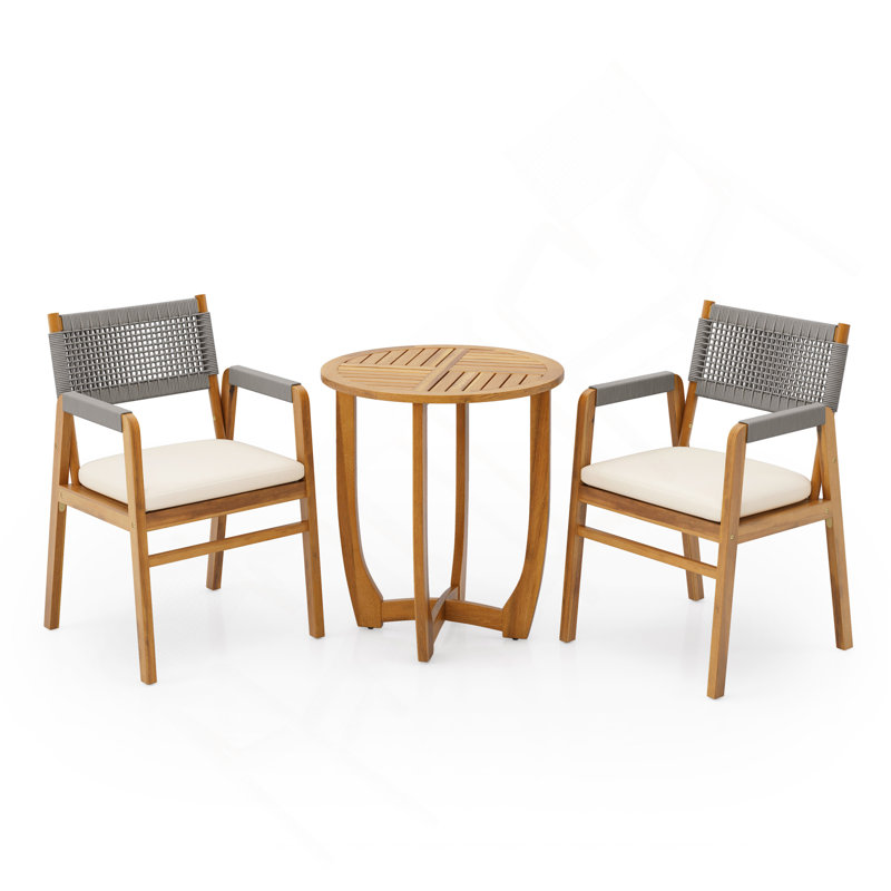 Outdoor 3-Piece Acacia Wood Dining Set With Cushion, Gray