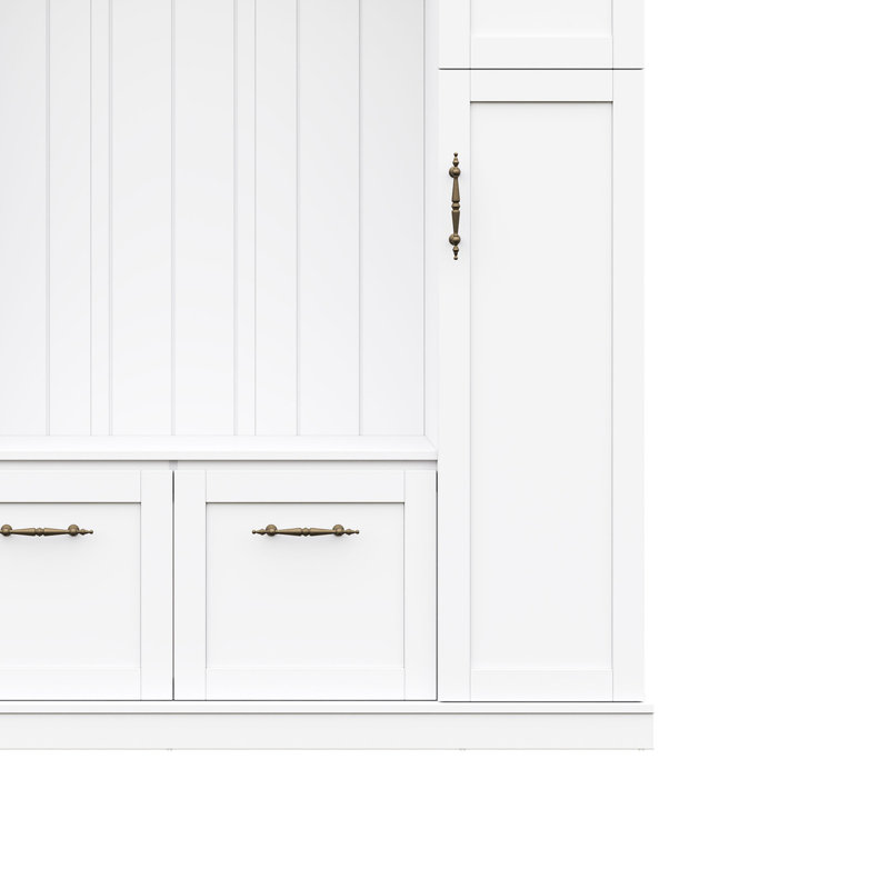 Hall Tree with 4 Side Cabinets, Adjustable Shelves and Open Cubbies, White