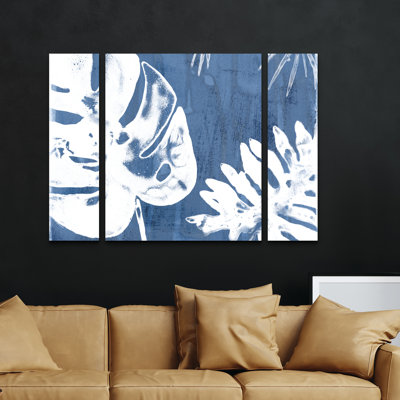 Ensemble de 3 panneaux d'art mural - "Tropical Indigo Impressions I" par June Erica Vess pour décoration de salon, de chambre à coucher ou de bureau 