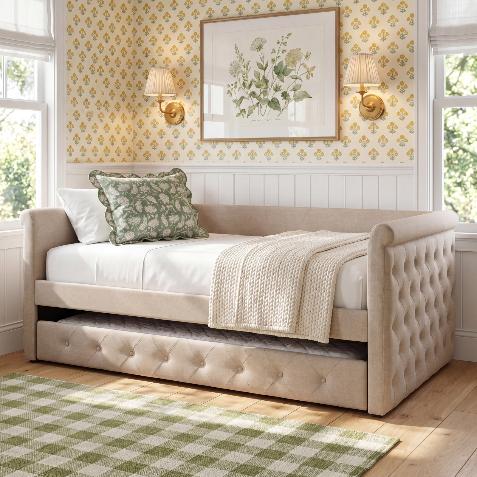 Samitha Upholstered Daybed with Trundle, Full, Light Pink Velvet