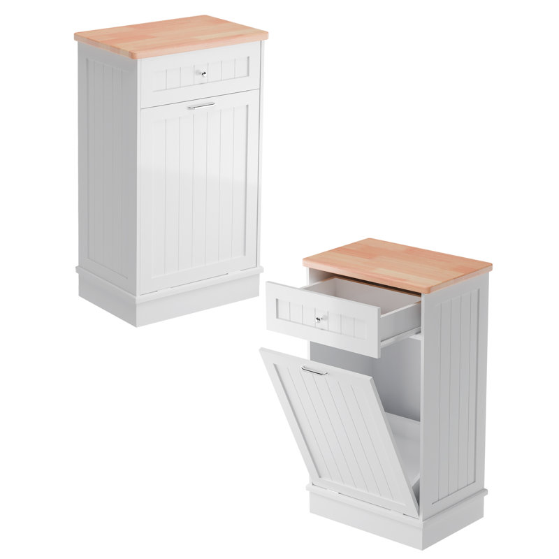 White Polished MDF Tilt-Out Kitchen Trash Cabinet with Drawer