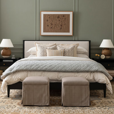 Jarrow Mid-Century Modern Platform Bed with Boucle Upholstered Headboard, Solid Rubber Wood Frame, Wood Slat Support, No Box Spring Needed