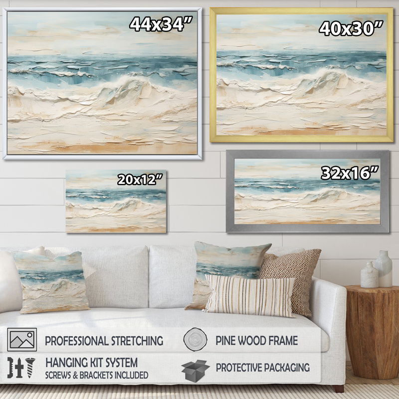 «Beige et bleu plage tranquille» sur toile, H 34 po x l 44 po x P 1,5 po, Cadre naturel flottant