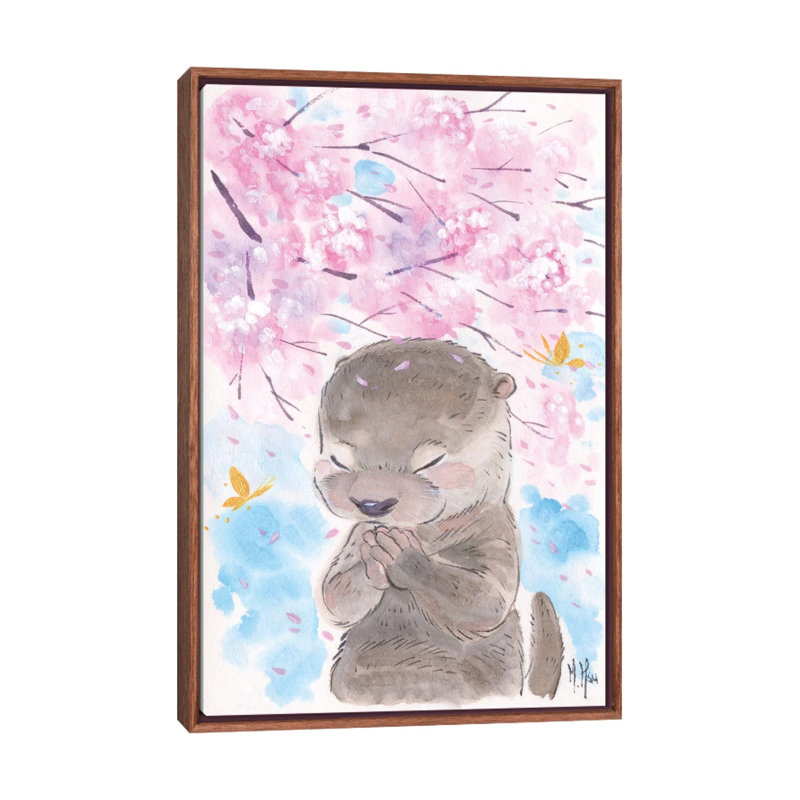Cherry Blossom Wishes - Otter by Martin Hsu - Painting on Canvas, Classic Brown Wood Framed, 66.04 cm H x 45.72 cm W