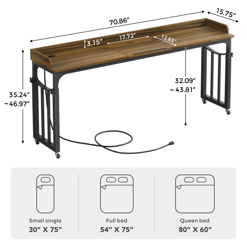 Letrece 70.86'' W Height Adjustable Overbed Table with Power Outlet, Rolling Bed Desk, Dark Brown