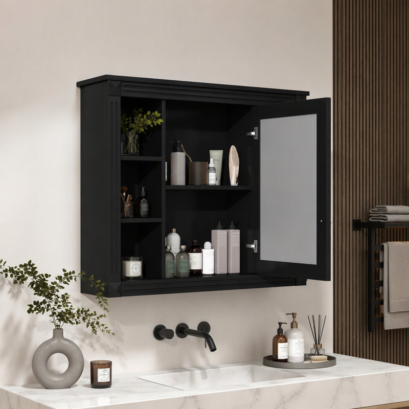 Armoire de toilette murale avec miroir, rangement et étagères ouvertes, Black