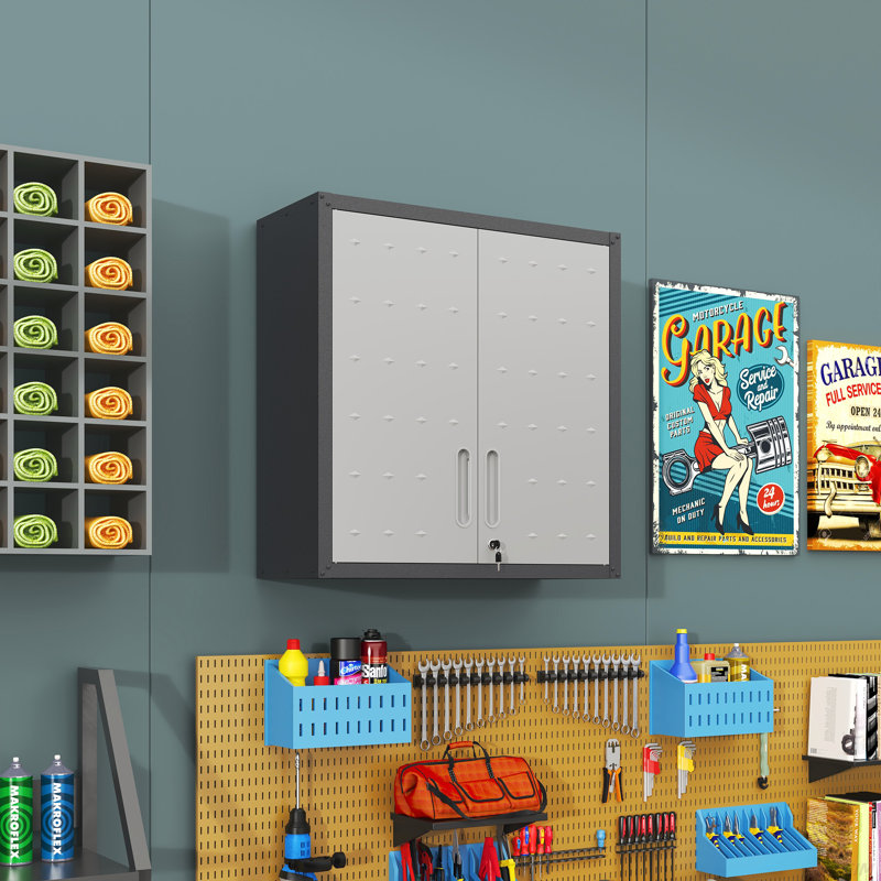 Armoire de rangement murale en métal avec porte verrouillable et 1 tablette 1 tiroir ouvert pour garage, entrepôt, assemblage requis (armoire)