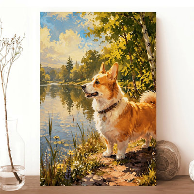 Canvas Wall Art Corgi Dog By Lake Summer Nature Art Print Vintage Poster Print Home Decor