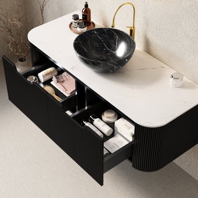 48" Bathroom Vanity With Sink, Floating Cabinet, Black Ceramic Basin, Stone Pattern Countertop, Soft Close System Storage Finish, Materials
