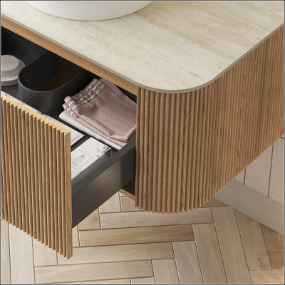 Armoire murale 48 po avec 2 tiroirs en contreplaqué, comptoir en pierre frittée Roman Travertine, finition grain de bois naturel