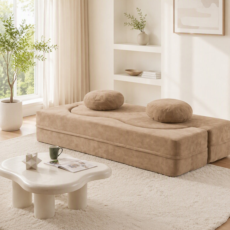 Canapé-lit 2 en 1 pliant avec coussin, canapé-lit simple, causeuse de plancher et futon, canapé-lit pliant en mousse pour le salon, les invités, le bureau, un appartement, aucun assemblage requis, abricot
