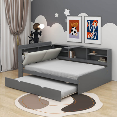 Lit plateforme double avec lit gigogne, tablettes et tête de lit