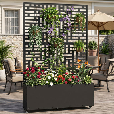 Metal Planter With Trellis,Planter Box With Privacy Screen，5.9Ft. Hx4 Ft. W Metal Garden Bed With Drainage Holes(Black)