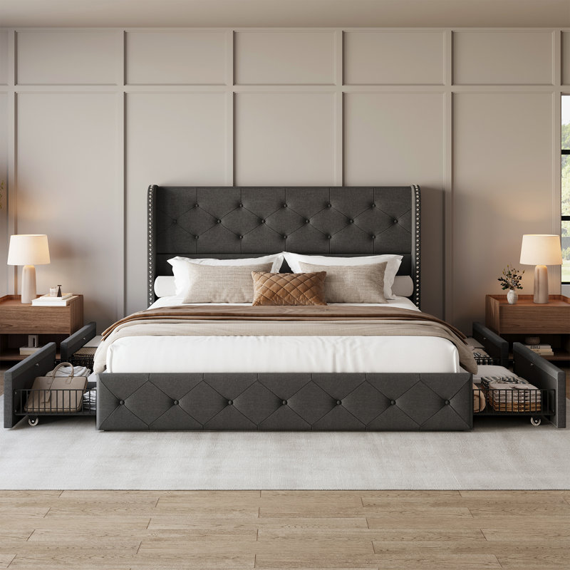 Upholstered Platform Bed with Storage Drawers, Tufted Bed Frame with Wingback&Headboard, Dark Grey, Full, Dark Gray