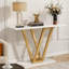 Console moderne 43 po avec plateau en faux marbre, table d'entrée étroite avec structure en métal à pieds en V, table de canapé mince pour le couloir, le salon ou le vestibule, blanc et or