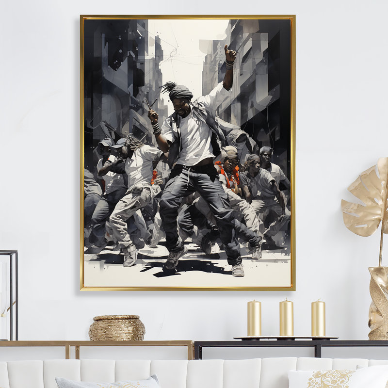 «Black and White Hip Hop Dance», art mural sur toile, Cadre flottant doré, H 32 po x l 24 po x P 1 po