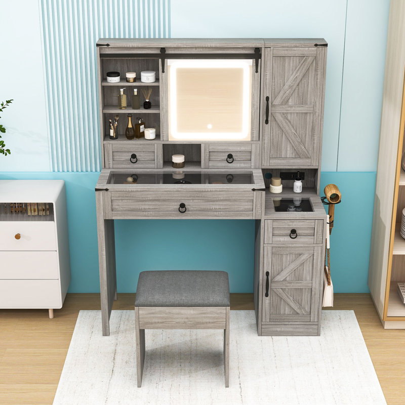 Bureau de coiffeuse avec miroir coulissant à DEL, station de charge, 4 tiroirs et 2 armoires, Gris