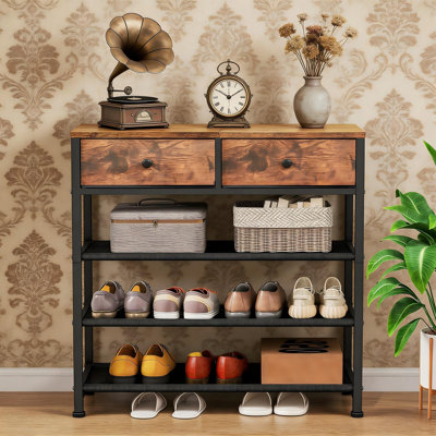 4 Tier Shoe Rack With 2 Drawers, Metal Shoe Storage Organizer For 9-12 Pairs, Oxford Fabric Shelves, Wood Top, Rustic Brown