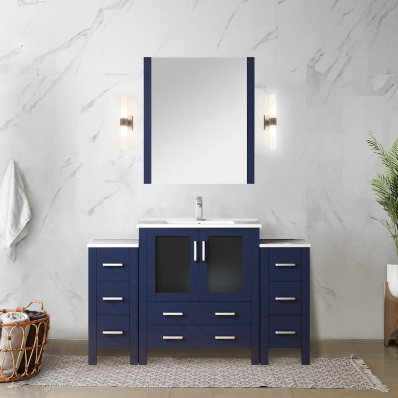 Bleu marine 54 po W Meuble-lavabo simple avec armoires latérales, comptoir en céramique blanche, miroir 28 po, fermeture en douceur, beaucoup de rangement, surface de travail à gratter et à teindre
