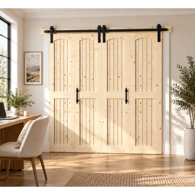 Assembled Arch Top 84In. Spruce Wood Double Bi-Fold Barn Door With Hardware Kit