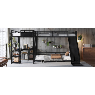 L-Shaped Metal Bunk Bed (Top Bed: Twin Xl, Bottom Bed: Queen) With Single Loft Bed, Desk, And Storage Shelves, USB Charging Port Included - Metal Triple Bunk Bed With Slide,Black