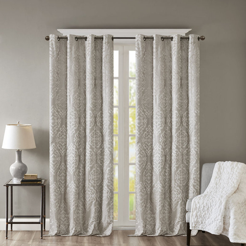 Rideau tricoté en jacquard damassé occultant avec œillets (seulement 1 panneau PC), Argent, L 50,09 po x L 95,09 po