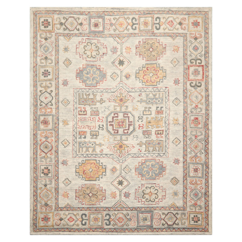 Tapis beige en laine touffeté à la main à motif géométrique transitionnel