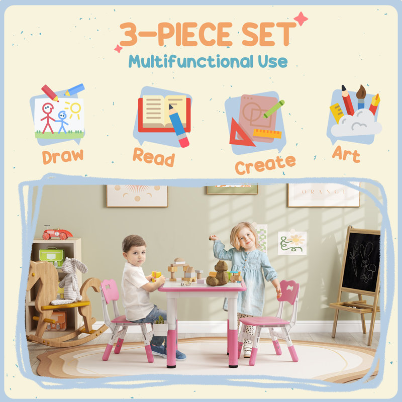 Zoomie Kids Kids Table And Chair Set, 3 Pieces Height Adjustable Toddler Table And Chair Set With Storage, Activity Table And 2 Chairs, For Playroom, Nursery, Classroom, Aged 18 Months To 5 Years