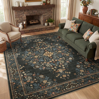 Tapis floral lavable doux avec envers antidérapant vert foncé