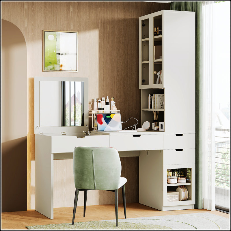 Meuble-lavabo polyvalent avec miroir, station de charge et grand espace de rangement pour la maison et le bureau