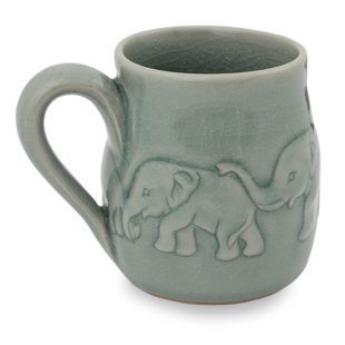 Elephants Drinking in Turquoise White Mug White Ceramic Tea Cup