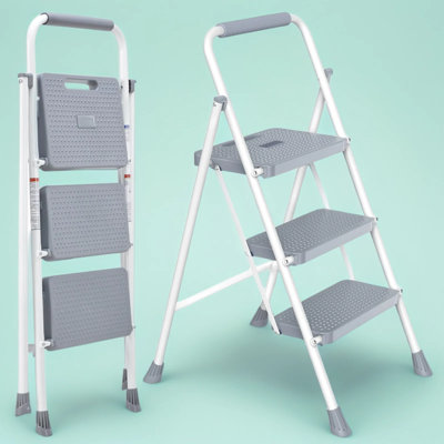 Heavy Duty Folding Step Stool With Anti-Slip Pedals & Handrail, 3-Step Steel Ladder Supports 800 Lbs, Portable For Kitchen, Garage, Office, And Outdoor Use
