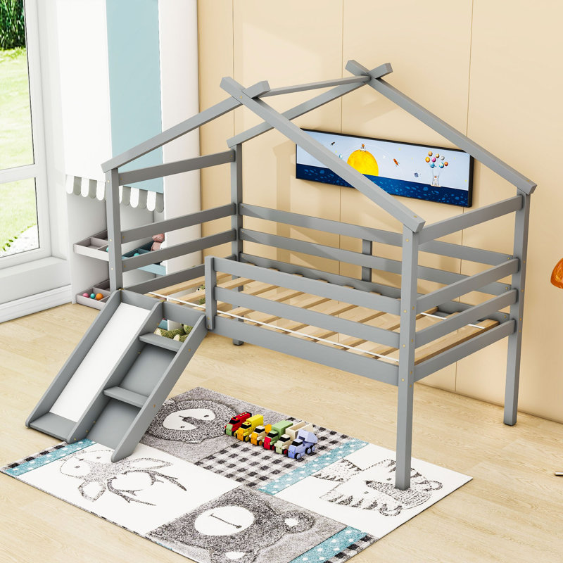 Lit mezzanine simple en bois avec glissade et garde-corps Aluino, gris