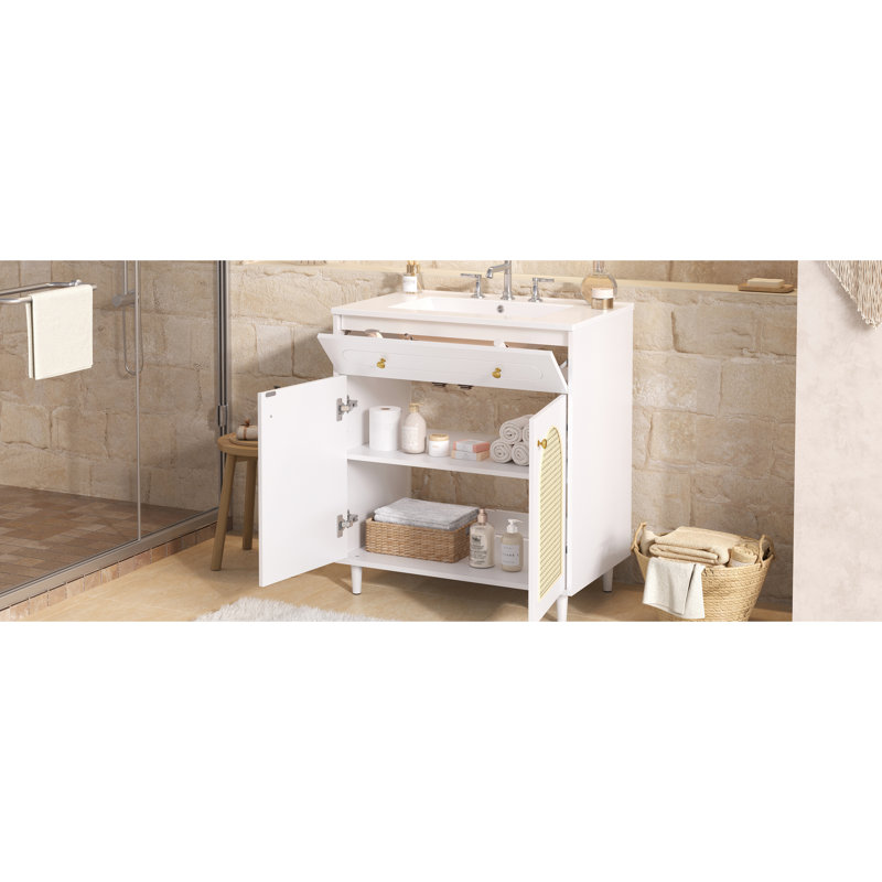 Meuble-lavabo de 76 cm avec lavabo en céramique, structure en bois massif, tablette réglable et panneaux avant pour un rangement moderne et polyvalent.