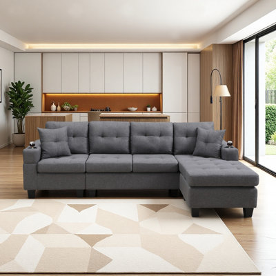 Canapé modulaire rembourré en L 95,6 po avec 2 porte-gobelets et 2 coussins décoratifs
