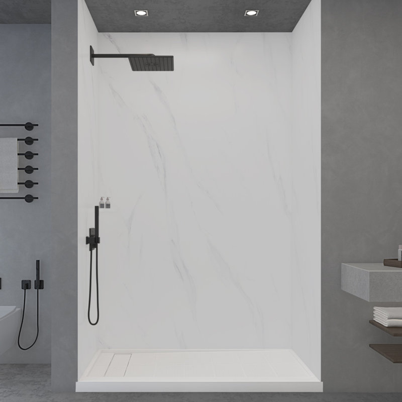 Ensemble de panneau de douche mural 3 pièces WOODBRIDGE en blanc de Carrare, à installation rapide et réglable.