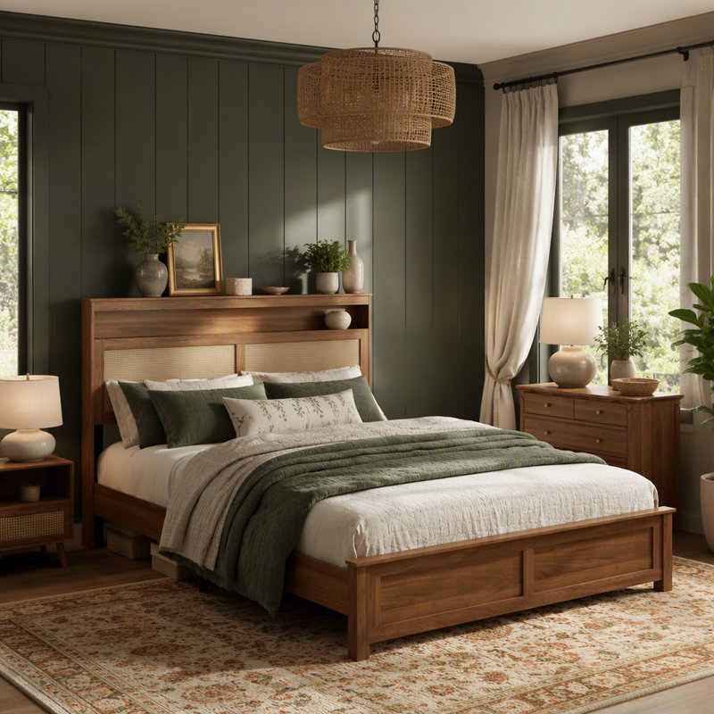 Cadre de lit Queen Size avec tête de lit en rotin, lampe de lecture DEL intégrée, tablette de rangement intégrée, sommier non requis