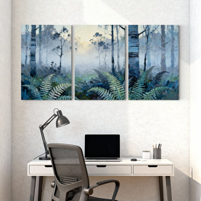 winter forest Misty Forest Ferns Birch Trees Set of 3 Canvas Wall Art Prints