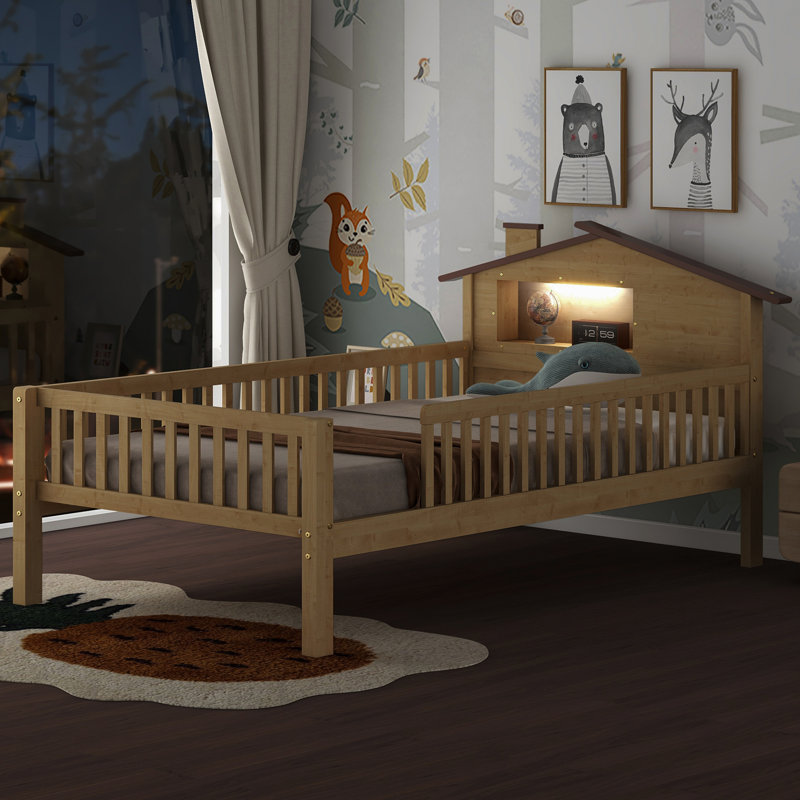 Lit plateforme polyvalent en bois avec tête de lit unique en forme de maison, éclairage à DEL intégré et rangement intégré pratique pour un confort accru