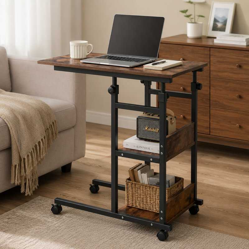 Table d'appoint mobile en forme de C de 31,6 pouces avec roulettes et rangement à 3 niveaux de style industriel - Table multifonctionnelle à hauteur réglable