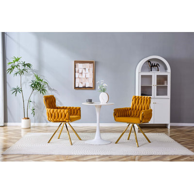 Ensemble de 2 chaises de salle à manger tressées en velours de luxe moderne avec pieds en métal doré, fauteuil rembourré avec dossier en corde tissée pour la salle à manger, le salon ou la chambre à coucher