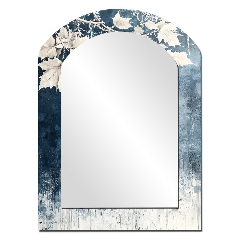 «White Frosted Leaves Branches IV», miroir mural asymétrique blanc, impression sur métal, 34 po x 25 po