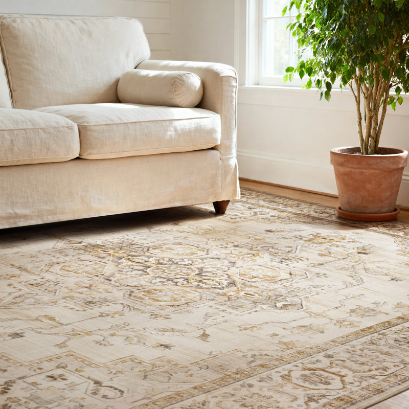 Soft Machine Washable Vintage Distressed Medallion Area Rug For Living Room, Bedroom With Non-Slip Backing In Beige/Cream