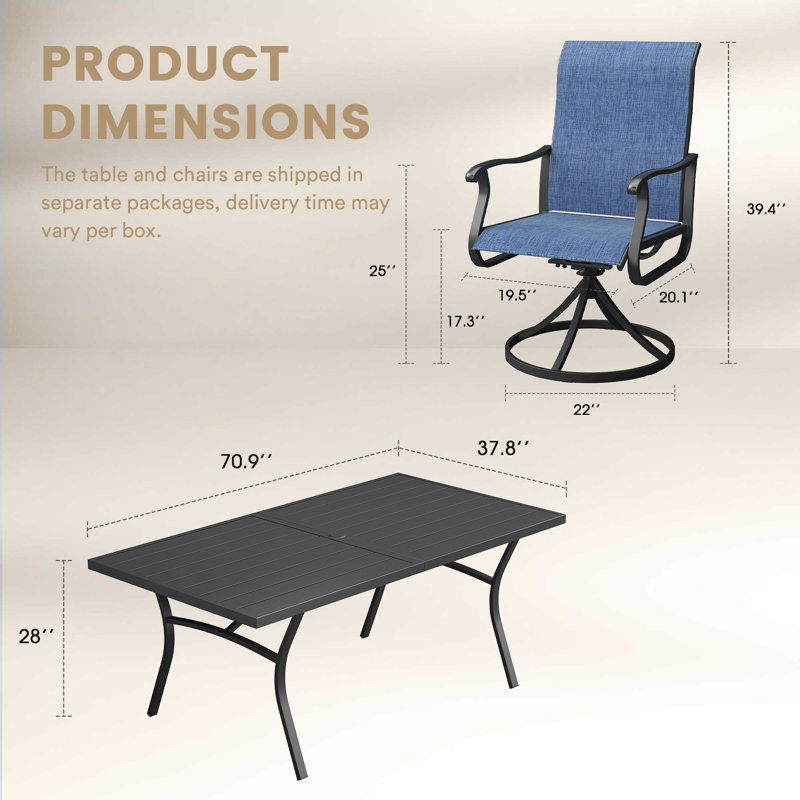 Ensemble repas d'extérieur rectangulaire pour 6 personnes avec chaise pivotante, Noir / Bleu
