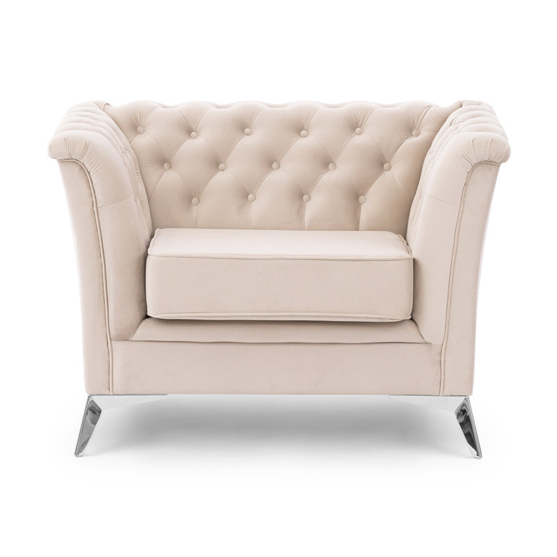 Whitby Velvet Chesterfield Chair, Beige, Chrome