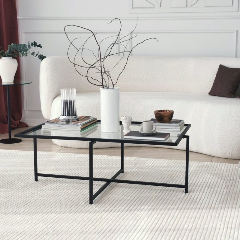 Modern Coffee Table with 100% Tempered Glass Top, 37.0 x 13.8 x 25.2 inches | Sleek Black Finish, Metal Legs, Electrostatic Oven Dried Painting | Tarnish Resistant, Ideal for Industrial & Contemporary Living Spaces