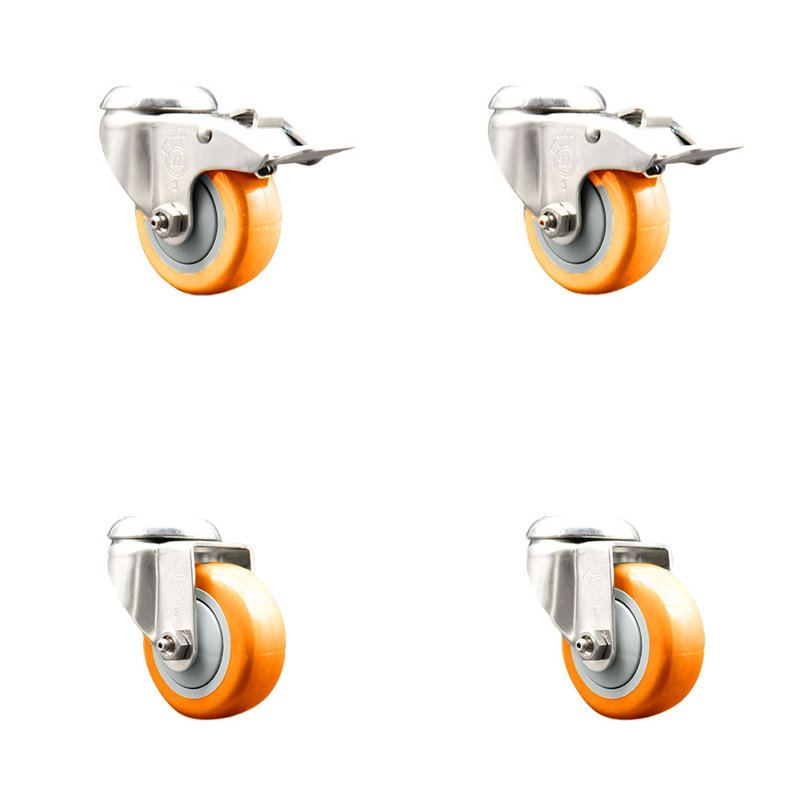 Ensemble de roulettes 3,5 trous en polyuréthane pivotant 3,5 pouces avec 2 verrous, Orange